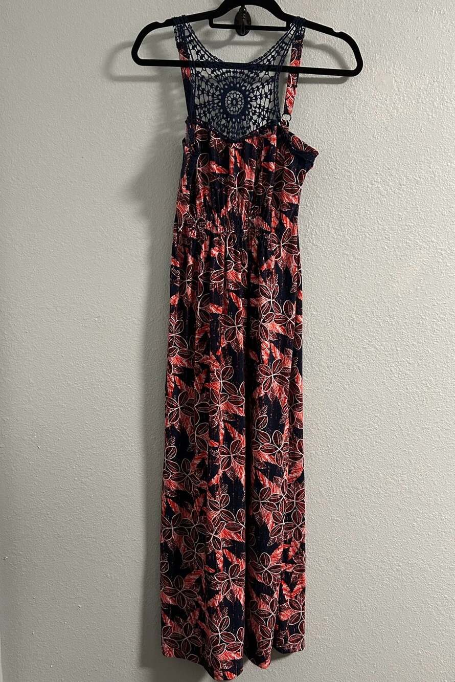 Teeze Me Floral Crochet Racerback Maxi Dress Size S Red Navy